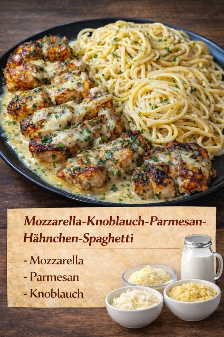 Mozzarella Chicken mit Knoblauch, Parmesan und Spaghetti auf einem Teller