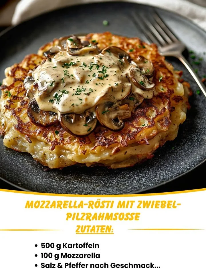 Mozzarella Rösti serviert mit Zwiebel-Pilzrahmsoße auf einem Teller