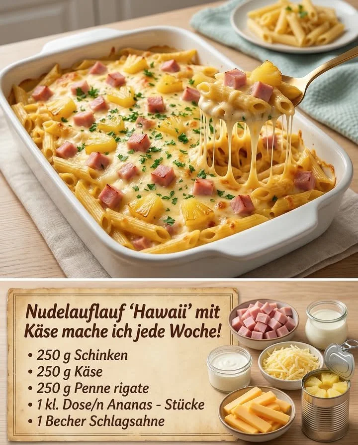 Nudelauflauf Hawaii mit Käse frisch aus dem Ofen