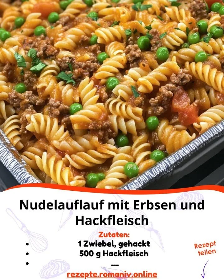Nudelauflauf mit Erbsen und Hackfleisch in einer Auflaufform