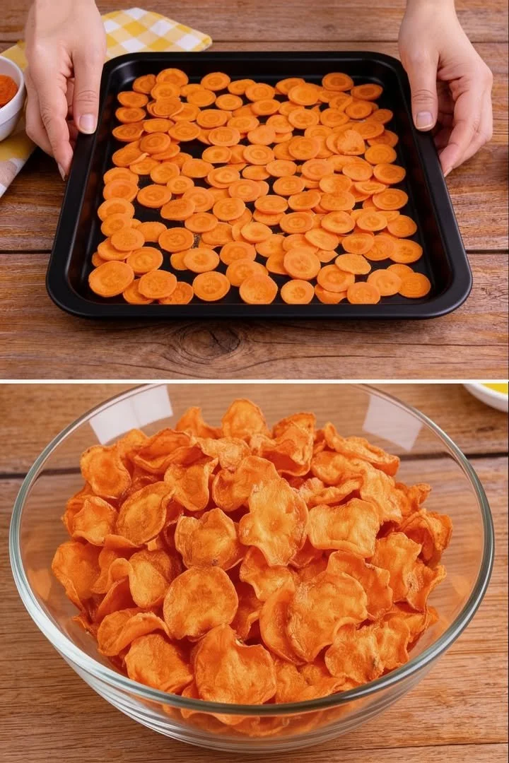 Knusprige Ofen-Karottenchips auf einem Holzbrett serviert