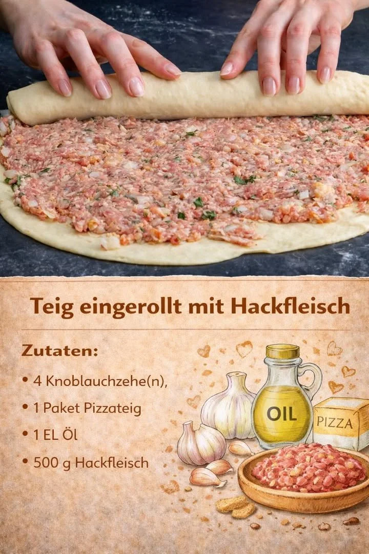 Ofenfrische Hackfleisch-Teigrolle auf einem Teller serviert