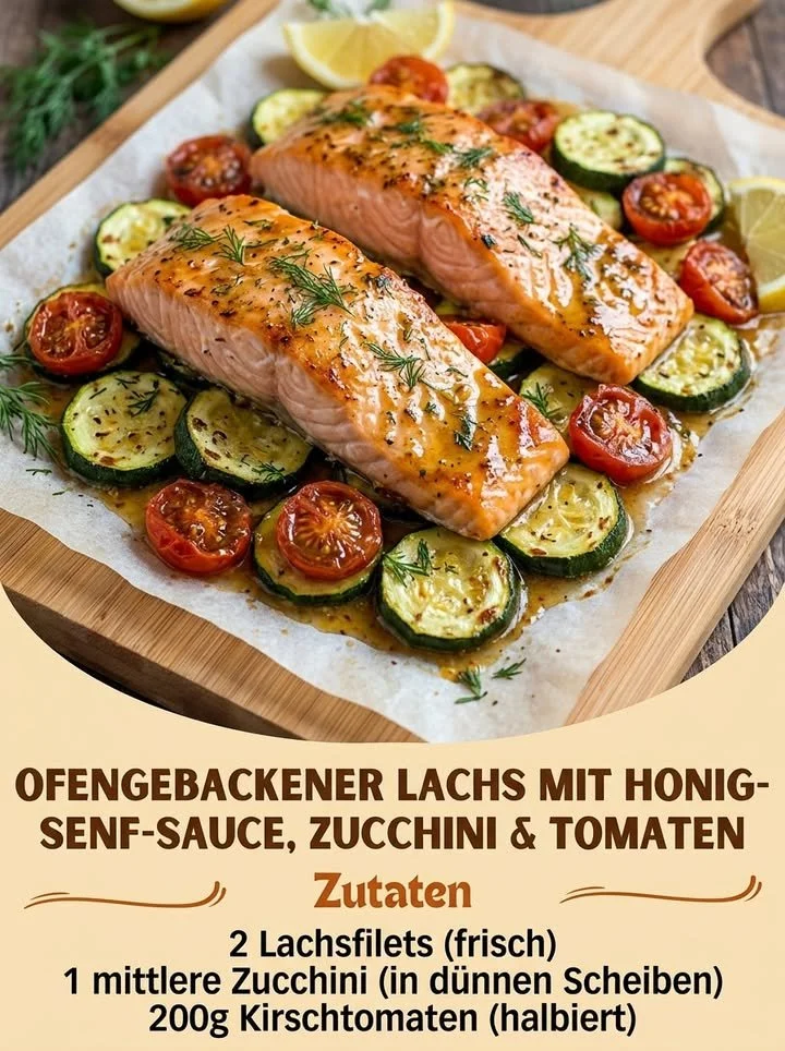 Ofenlachs mit Zucchini, Tomaten und Honig-Senf-Dressing auf einem Teller