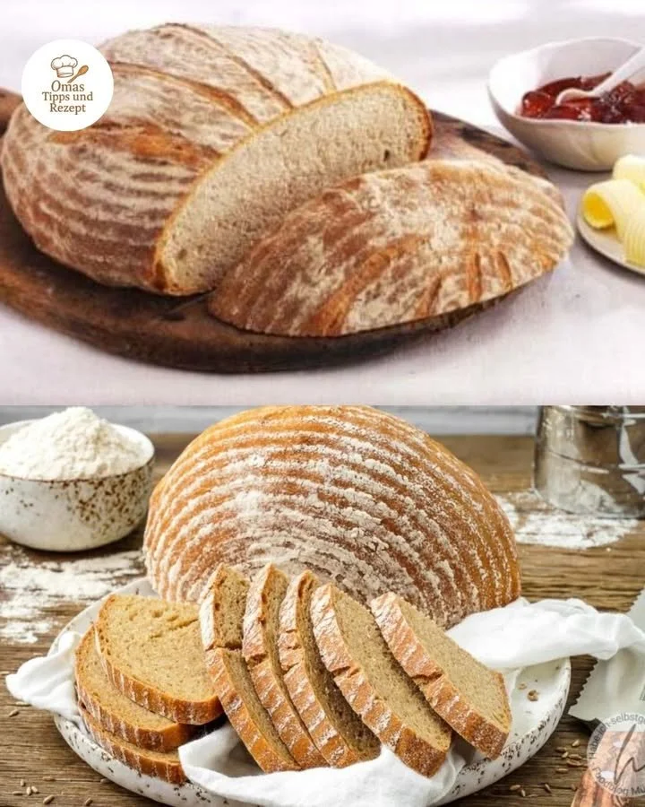 Ein frisch gebackenes Hausbrot nach Omas Rezept auf einem Holztisch.