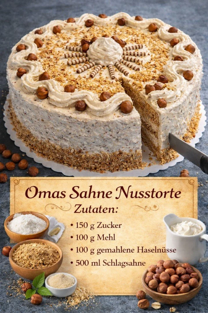 Omas Nuss Sahnetorte mit frischer Sahne und Nüssen auf einem vintage Teller.