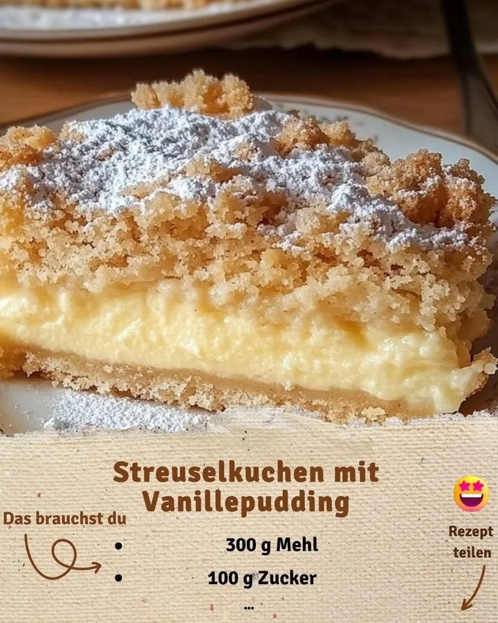 Omas Streuselkuchen mit Vanillepudding auf einem Teller serviert