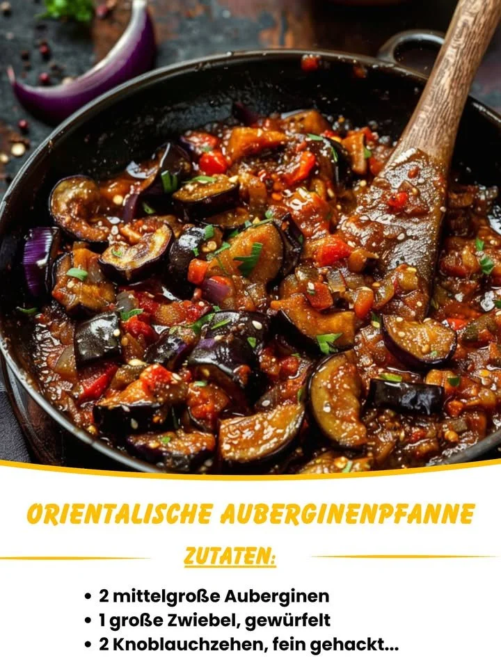 Orientalische Auberginenpfanne mit Gewürzen und frischem Gemüse