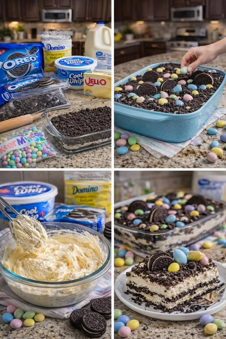 Oster-Dirt-Cake No-Bake Oreo-Dessert auf einem Tisch serviert