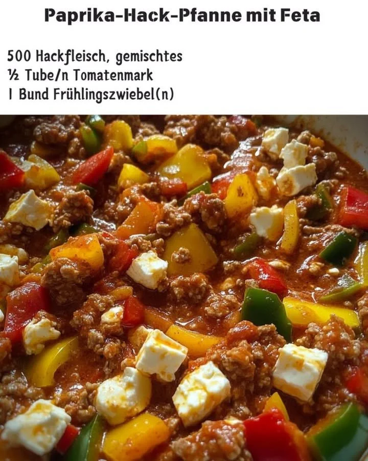 Paprika-Hack-Pfanne mit Feta auf einem Teller serviert