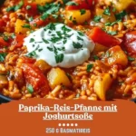 Paprika-Reis-Pfanne mit Joghurtsoße auf einem Teller serviert