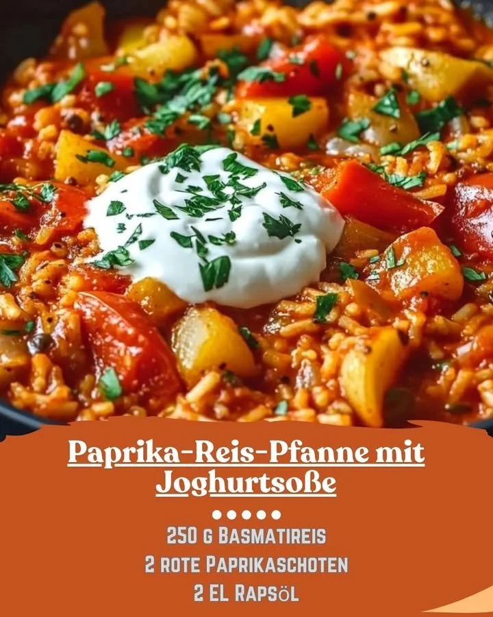 Paprika-Reis-Pfanne mit Joghurtsoße auf einem Teller serviert