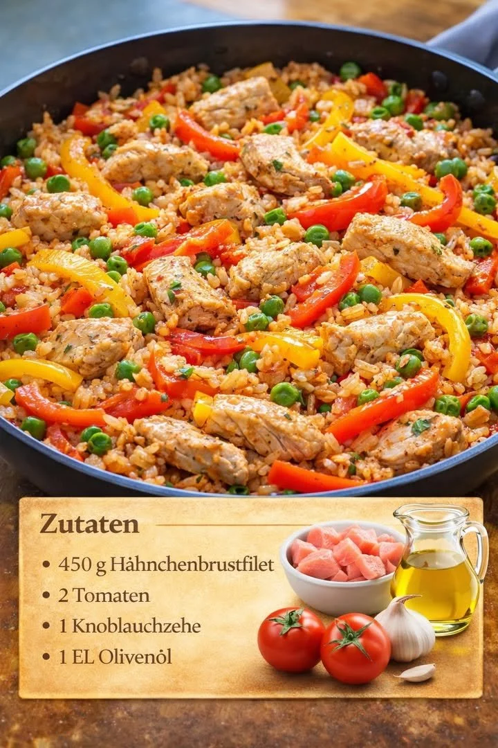 Paprika Reispfanne mit Hähnchen - buntes und gesundes Gericht