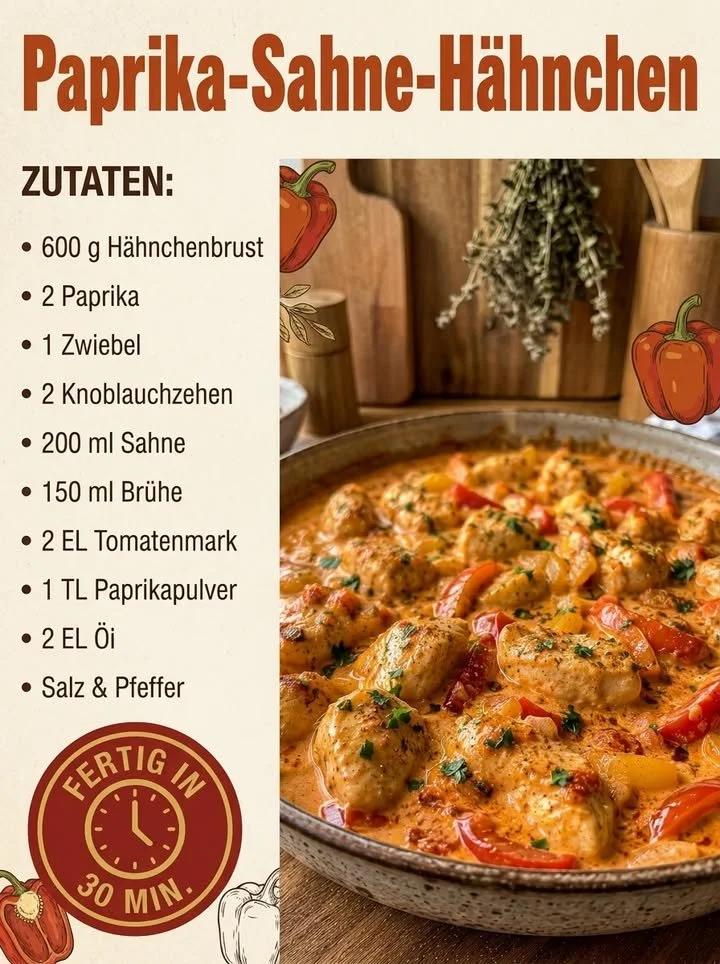 Paprika-Sahne-Hähnchen auf einem Teller serviert mit frischen Kräutern.
