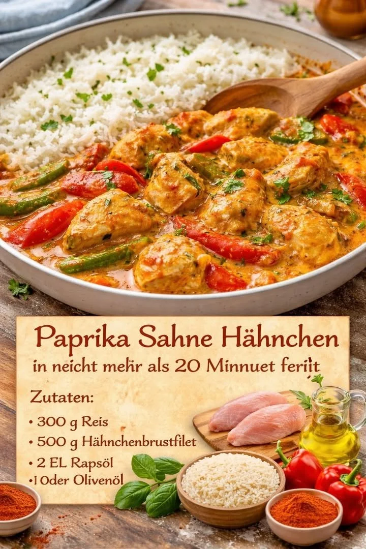 Paprika Hähnchen in cremiger Sahnesauce serviert auf einem Teller