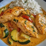 Paprika Zucchini Sahne Hühnchen - Ein köstliches Gericht mit saftigen Hühnchen und Zucchini.