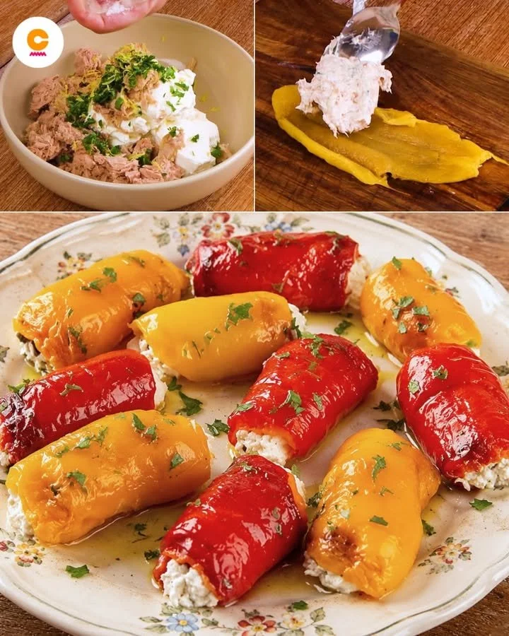 Leckere Paprikaröllchen gefüllt mit frischem Gemüse und würziger Creme.