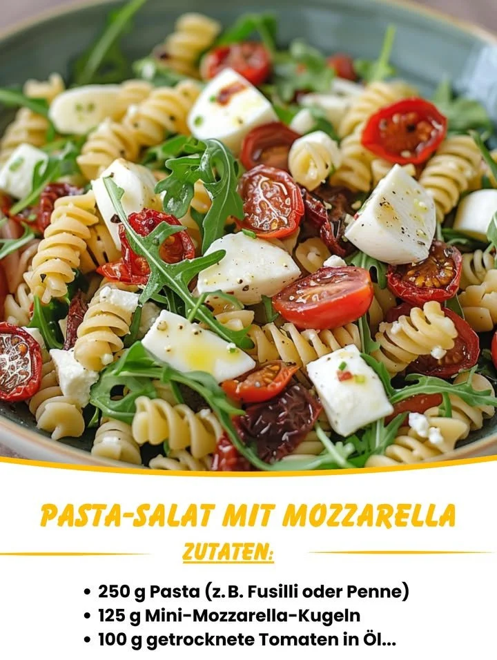 Pasta-Salat mit Mozzarella, getrockneten Tomaten und Rucola auf einem Teller