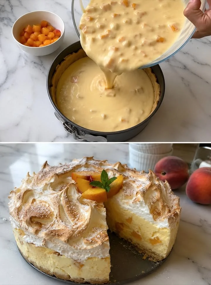 Pfirsichkuchen mit Vanillekäsefüllung auf einem hübschen Teller angerichtet.