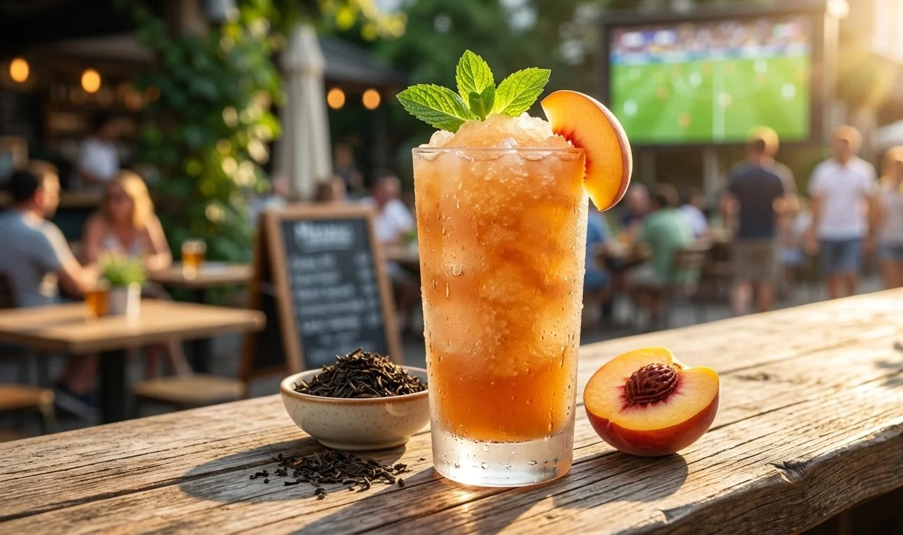 Erfrischender Pfirsich Eistee Slush in einem Glas mit Früchten.