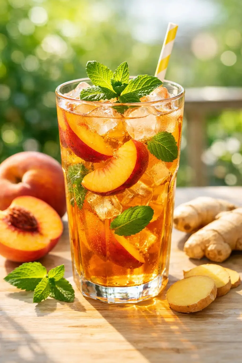 Erfrischender Pfirsich Ingwer Eistee in einem Glas mit Früchten und Ingwerstücken