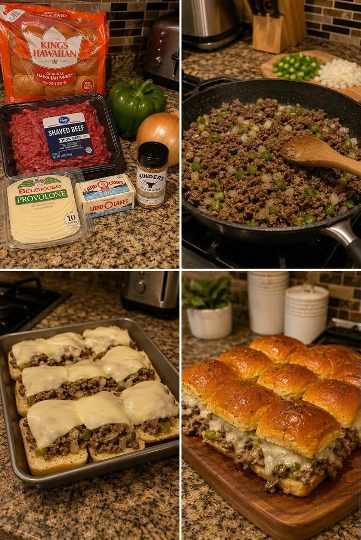 Philly Cheesesteak Slider auf einem Teller mit frischen Zutaten