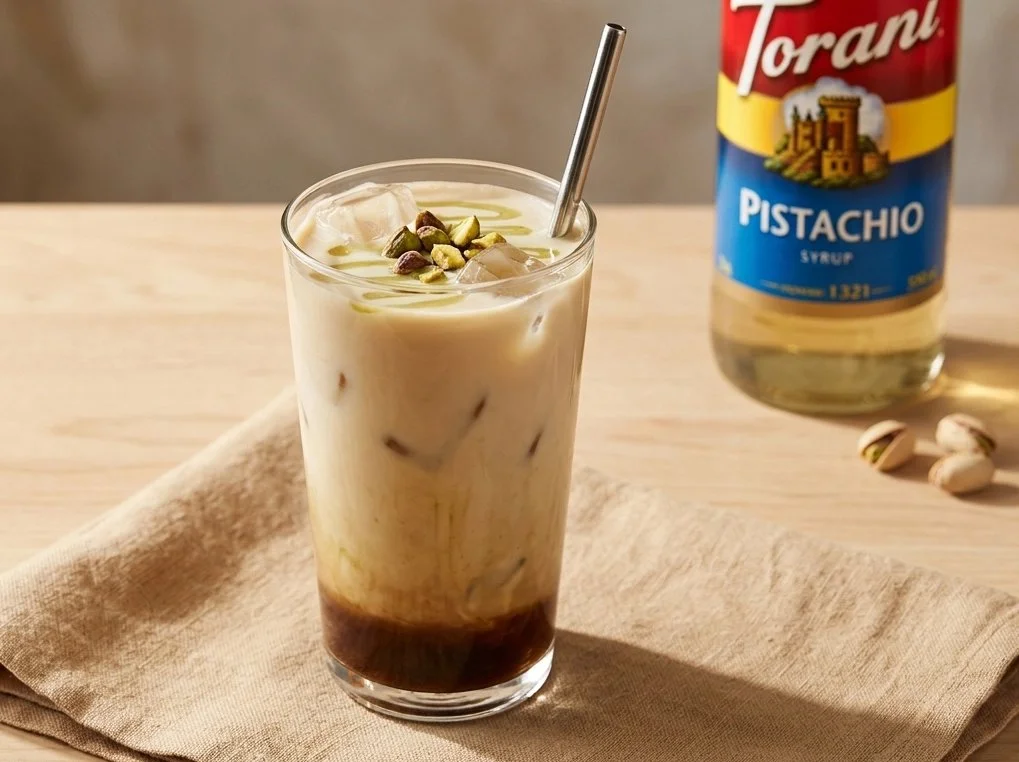 Pistazien-Latte mit cremigem Schaum in einer Glastasse