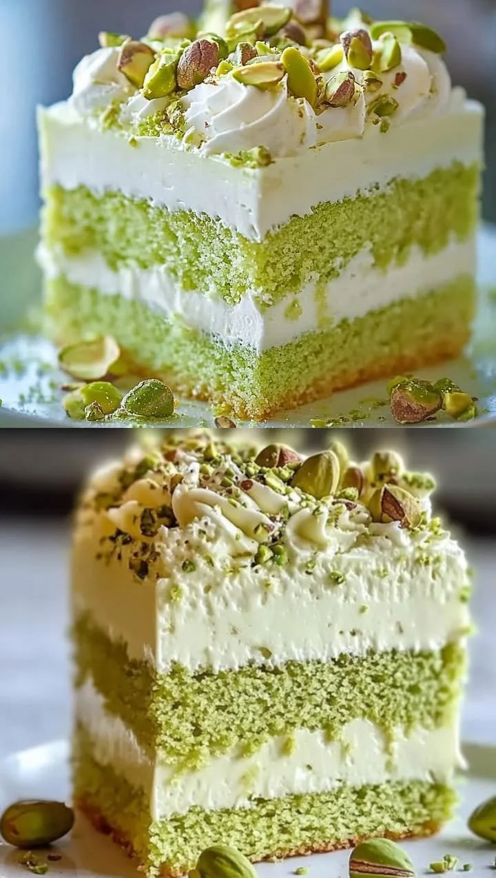 Pistazien-Sahne-Torte mit frischer Sahne und Pistazien dekoriert