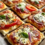 Leckere Pizza Quadrate mit frischen Zutaten auf einem Teller