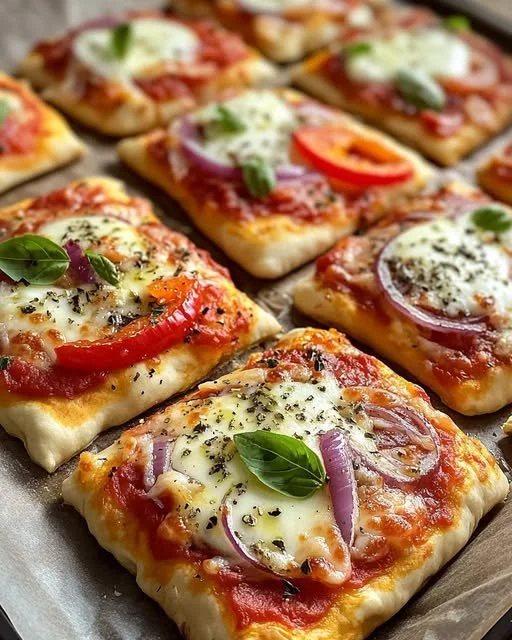 Leckere Pizza Quadrate mit frischen Zutaten auf einem Teller