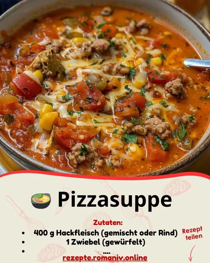 Schale mit Pizzasuppe, die köstlich im Pizzastil zubereitet ist.