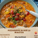 Eine köstliche Pizzasuppe in einer Schüssel, schnell und einfach zubereitet.