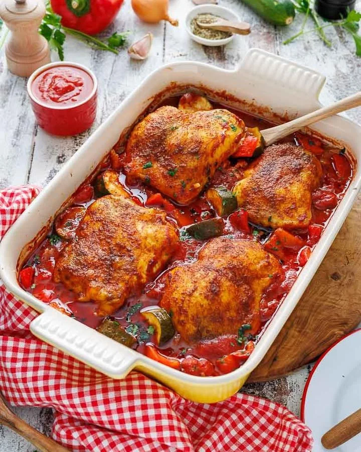 Pollo Fino aus dem Ofen auf dem Teller angerichtet