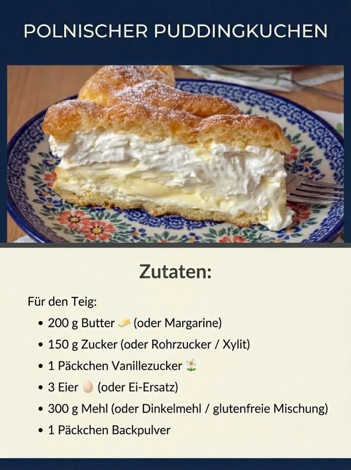 Polnischer Puddingkuchen auf einem dekorativen Teller serviert