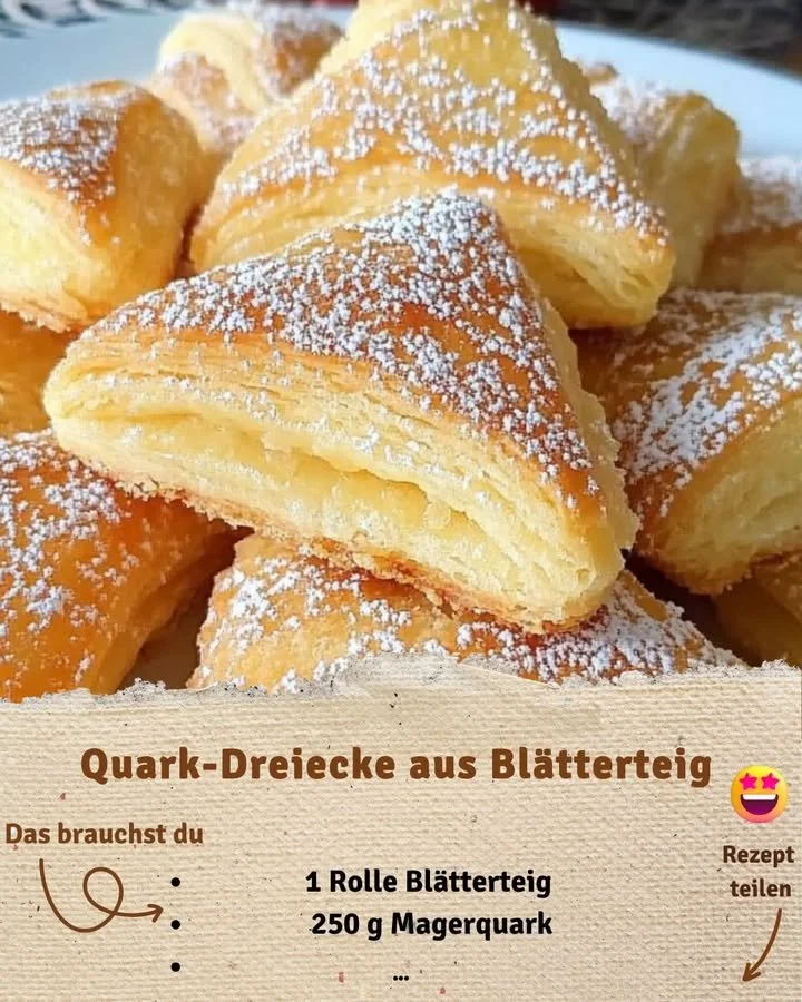 Quark-Dreiecke aus Blätterteig auf einem Teller, frisch gebacken und appetitlich angerichtet.