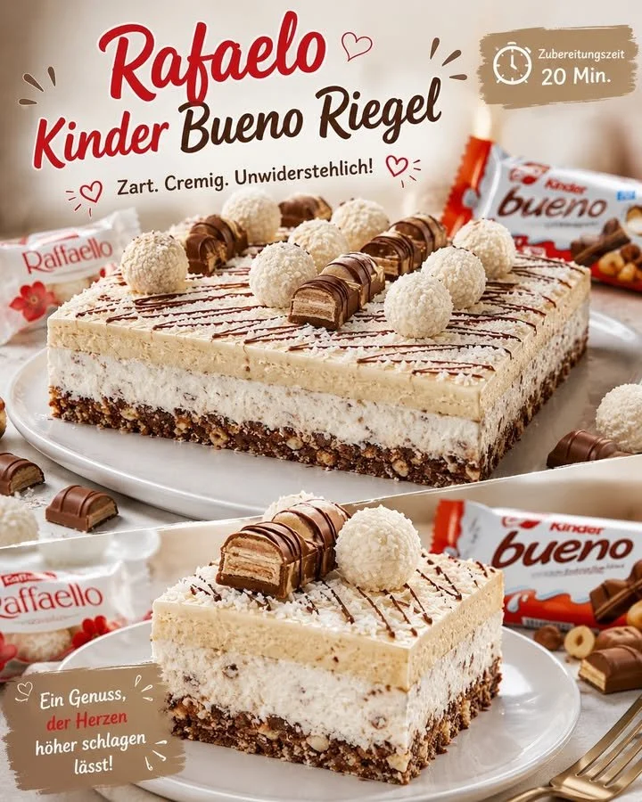 Raffaello Kinder Bueno Traumkuchen auf einem Teller, verziert mit Schokolade und Kokosnüssen