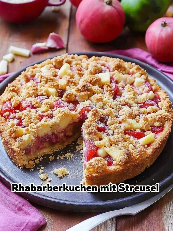 Rhabarberkuchen mit knuspriger Streuselschicht, frisch gebacken und appetitlich angerichtet.