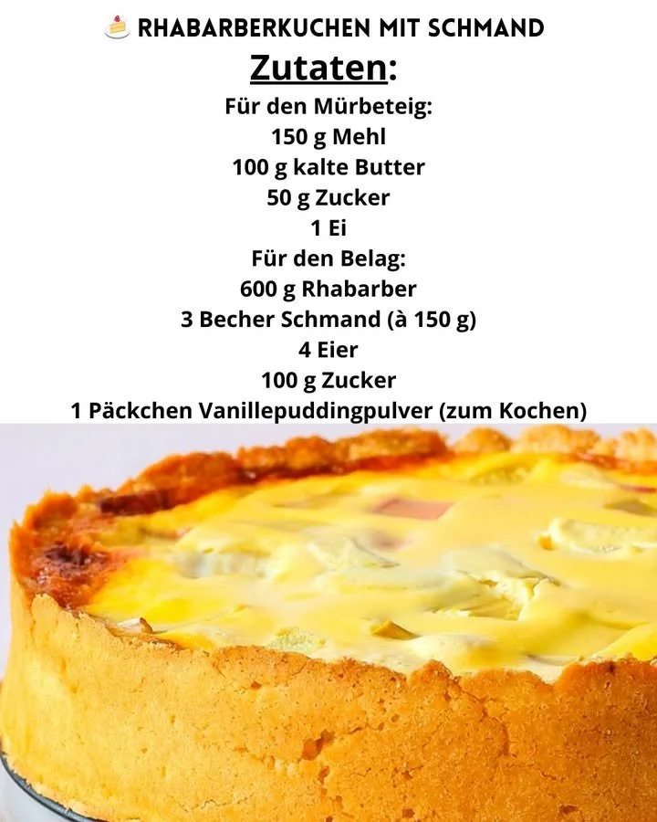 Rhabarberkuchen mit Sauerrahm auf einem dekorativen Teller, frisch gebacken.