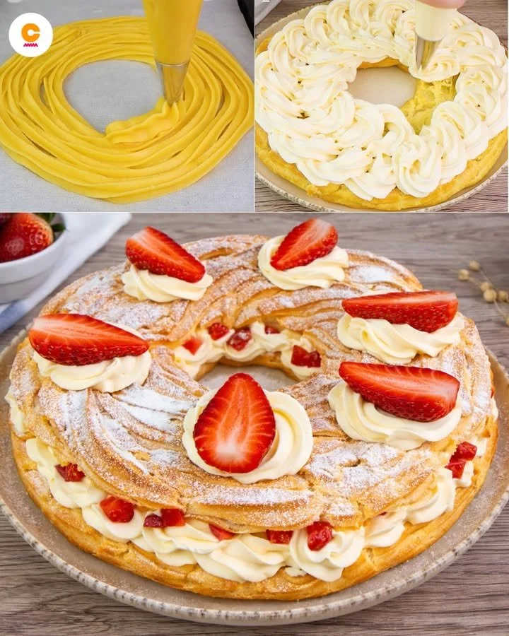 Riesige Zeppola mit Puderzucker und Sahnefüllung
