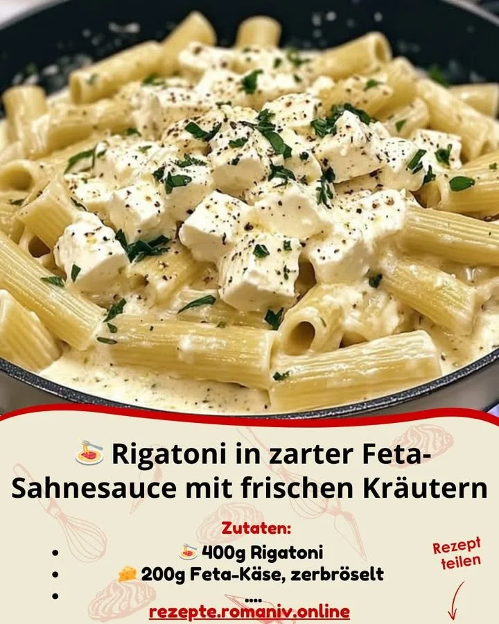 Rigatoni in Feta-Sahnesauce mit frischen Kräutern auf einem weißen Teller