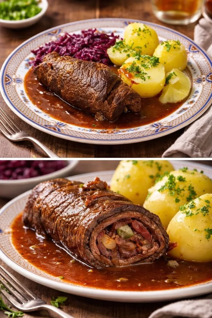 Rinderroulade mit Salzkartoffeln und Rotkohl auf einem Teller serviert