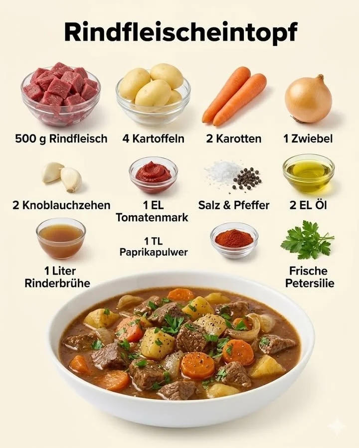 Schüssel mit köstlichem Rindfleischeintopf, serviert mit frischem Brot.