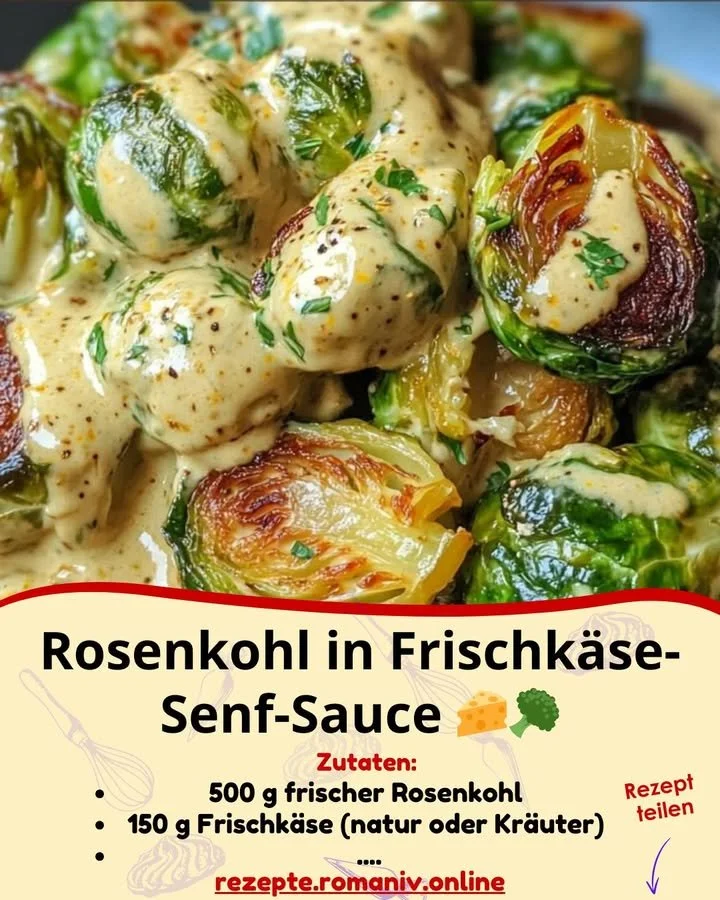 Rosenkohl in Frischkäse-Senf-Sauce auf einem Teller serviert