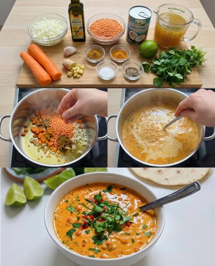 Rote-Linsen-Curry-Suppe mit Kokosmilch und Limette in einer Schüssel serviert
