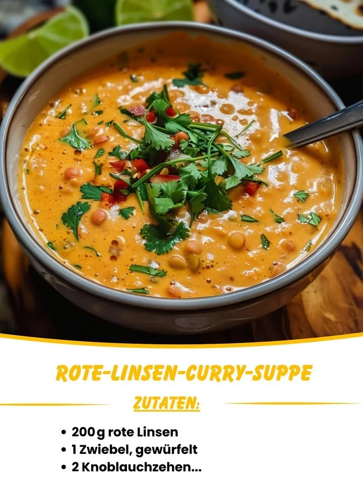Rote Linsen Curry Suppe mit Kokosmilch und Limette in einer Schüssel