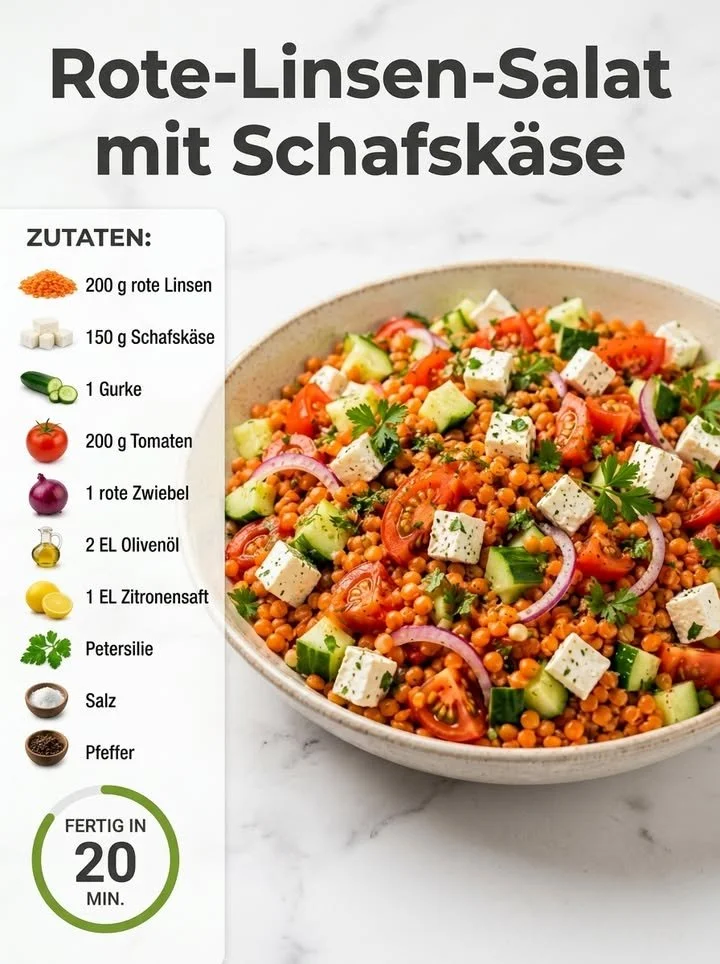 Rote-Linsen-Salat mit Schafskäse auf einem Teller