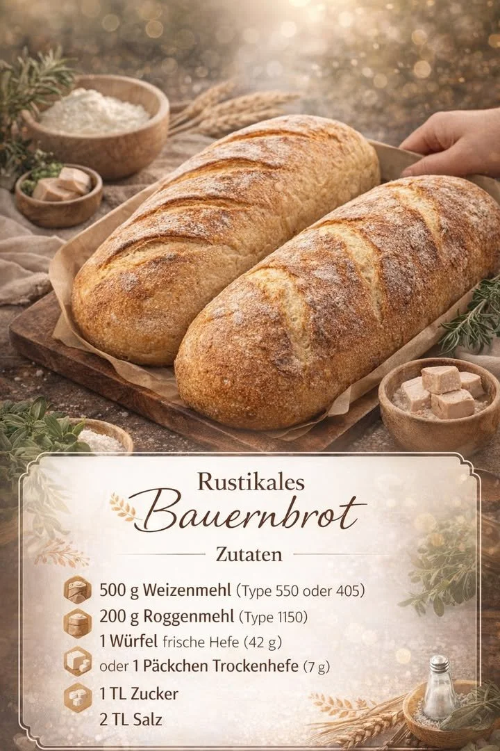 Rustikales Bauernbrot auf einem Holzbrett, frisch gebacken und knusprig.