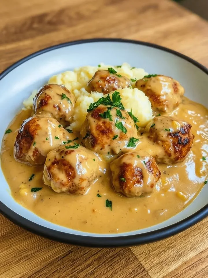 Saftige Hackbällchen mit Sahnesauce und Kartoffelpüree auf einem Teller