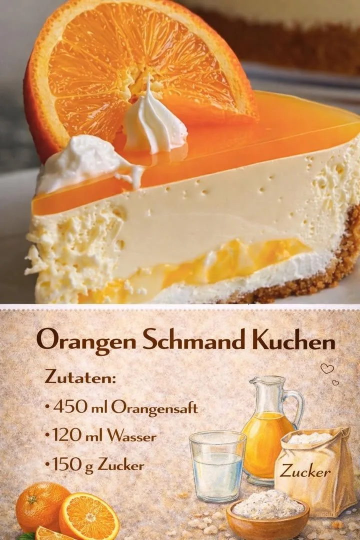 Saftiger Orangen-Schmand-Kuchen auf einem Teller, dekoriert mit Orangenscheiben