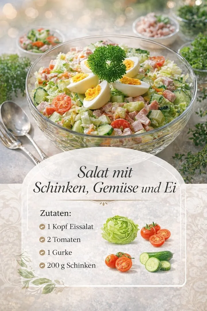 Bunter Salat mit Schinken, Gemüse und hartgekochtem Ei