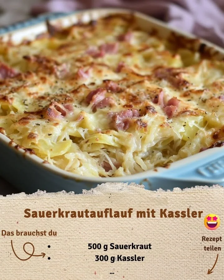 Delizioser Sauerkrautauflauf mit Kassler in einer Auflaufform
